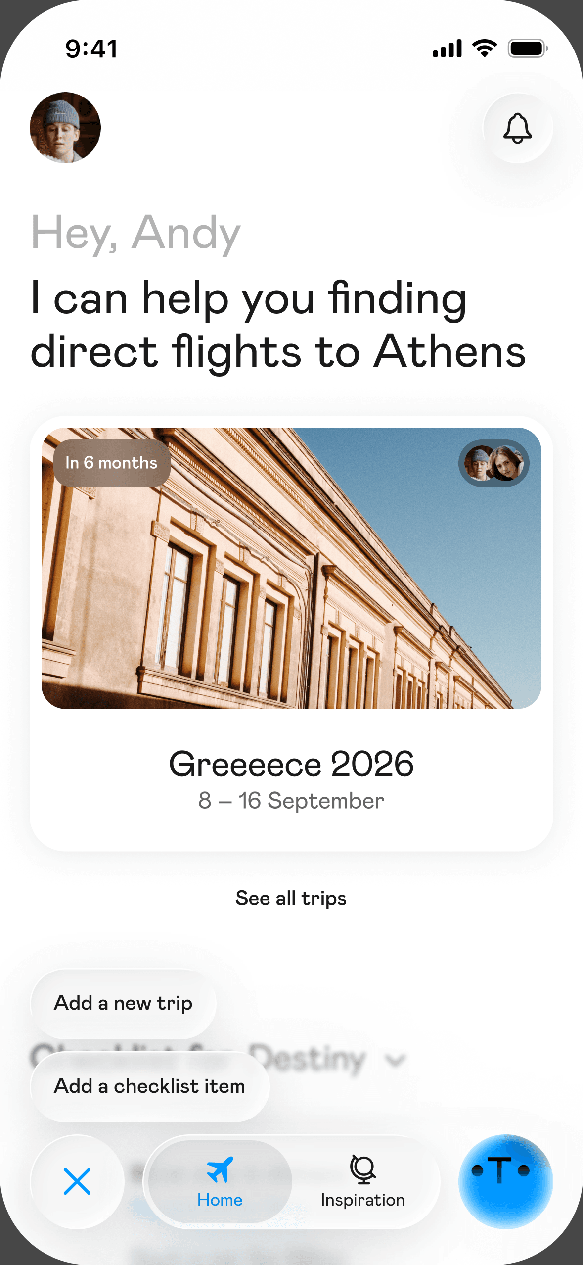 The Otta home screen greeting you with your upcoming trip to Greece